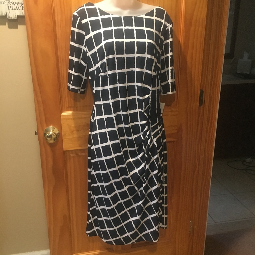 connected apparel Navy and White Grid Print Midi Dress